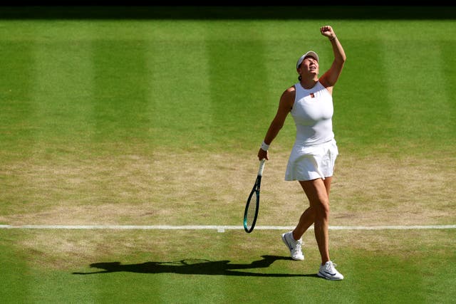 <p>Amanda Anisimova celebrates her victory over Aryna Sabalenka</p>