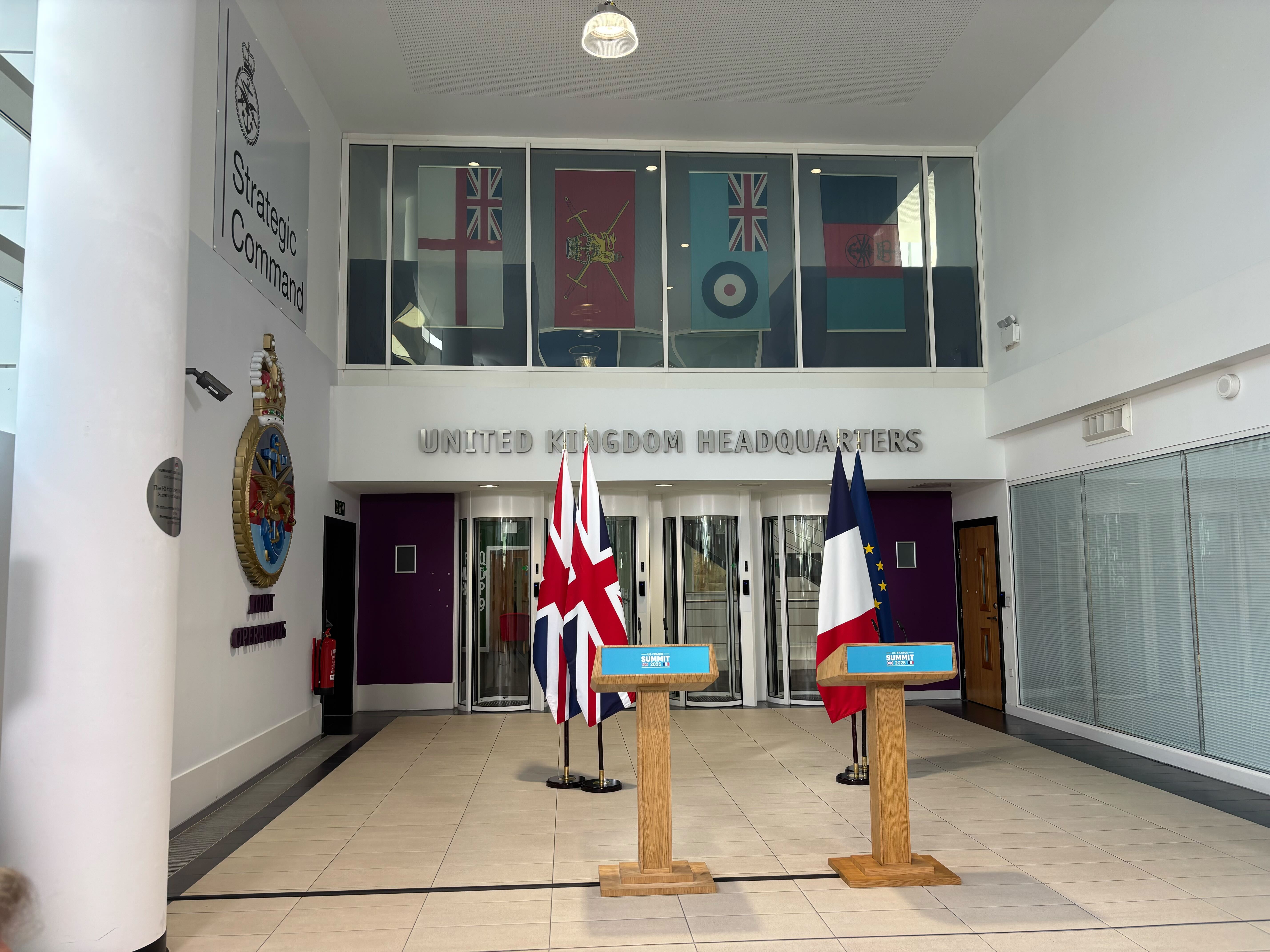 Two podiums are set up ready for Sir Keir Starmer and Emmanuel Macron to deliver a joint press conference