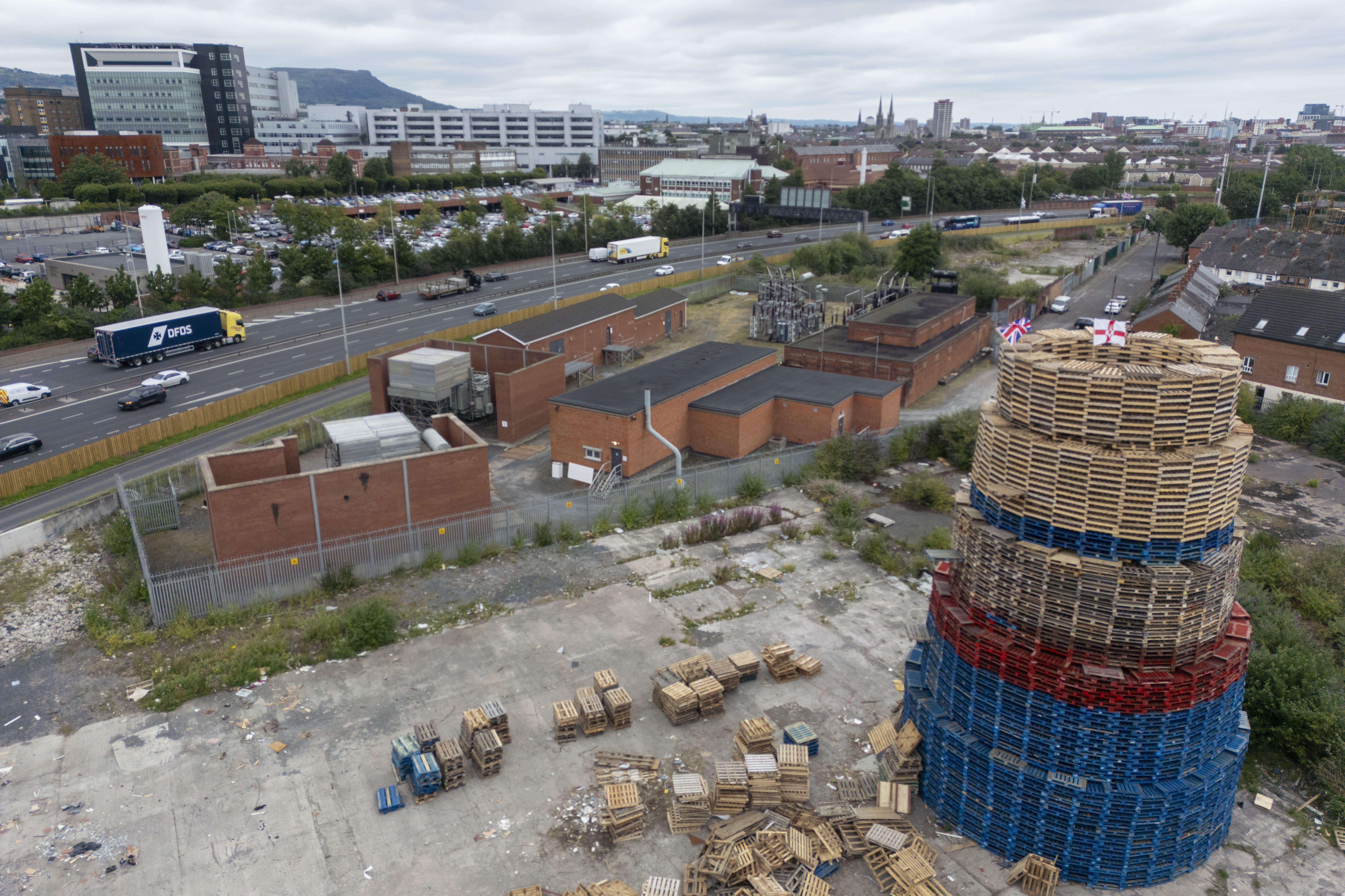 The controversial bonfire in south Belfast (Liam McBurney/PA)