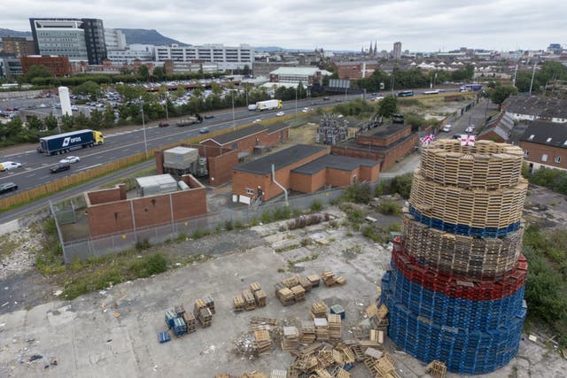 The controversial bonfire in south Belfast (Liam McBurney/PA)