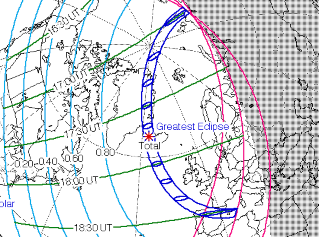  Nasa map showing the path of the 12 August 2026 total solar eclipse