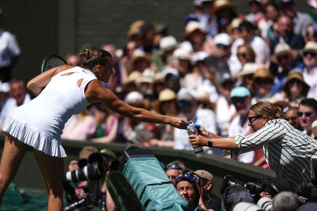 Aryna Sabalenka passes a water bottle to a spectator in the crowd on day eleven of the 2025 Wimbledon Championships at the All England Lawn Tennis and Croquet Club, London (Jordan Pettitt / PA).