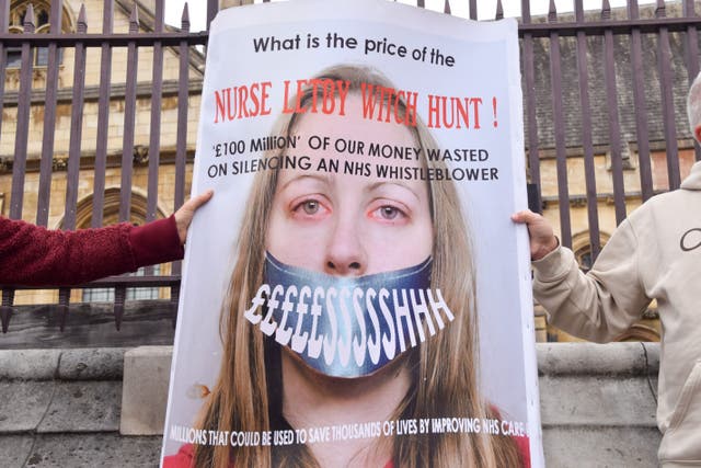 <p>Supporters of Lucy Letby stage a protest outside parliament calling for the release of the former nurse</p>