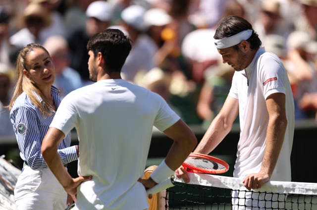 <p>Carlos Alcaraz’s match against Taylor Fritz was stopped</p>