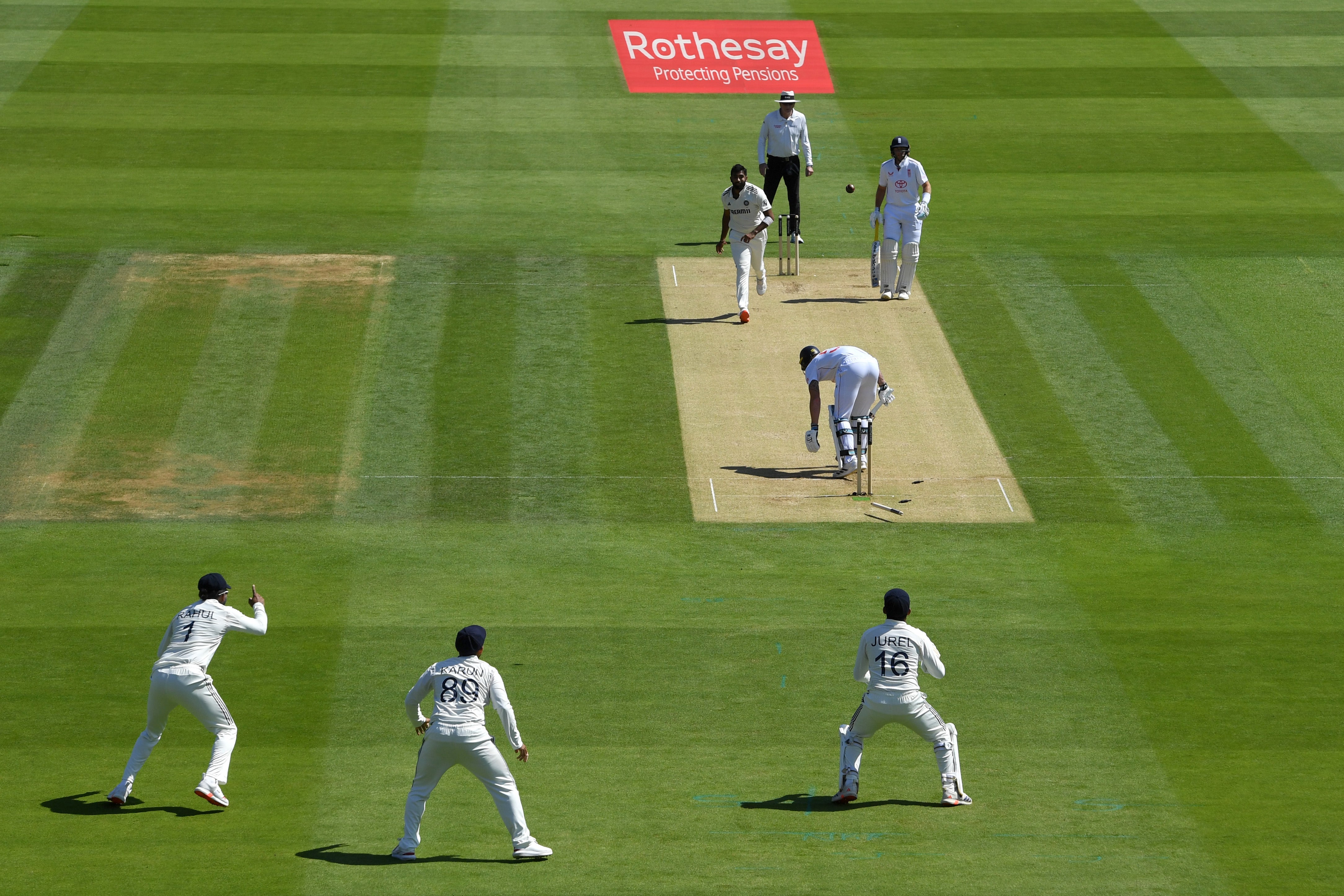 Jasprit Bumrah sprayed the stumps of Ben Stokes on the way for five - for