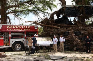 President Donald Trump and first lady Melania Trump visit a scene of devastation along the banks of the Guadalupe River, after catastrophic floods, Kerr County, Texas