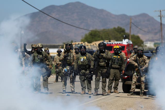 <p>Federal agents descended on crowds of protesters demonstrating against immigration raids at two cannabis farms in southern California on Thursday. Several were hospitalized during the raid, and one worker has died.</p>