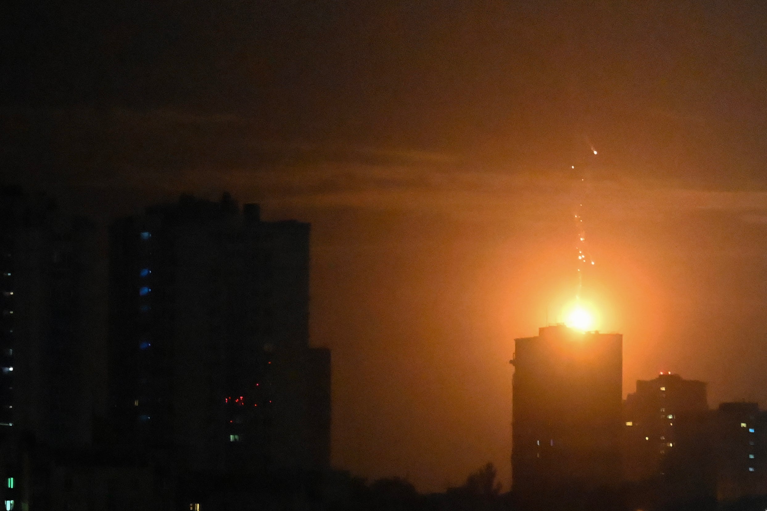 Russian drone shoot Ukrainian air defenses during night mass drones and rockets hits Kiev 10. July 2025. Years
