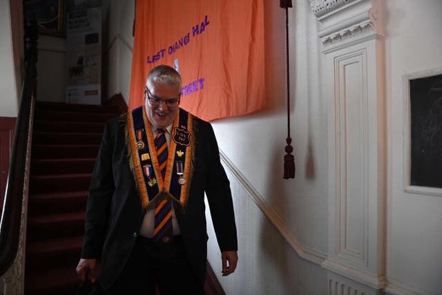 Gavin Robinson of the DUP at Clifton street Orange hall in Belfast ahead of a Twelfth of July parade (Mark Marlow/PA)