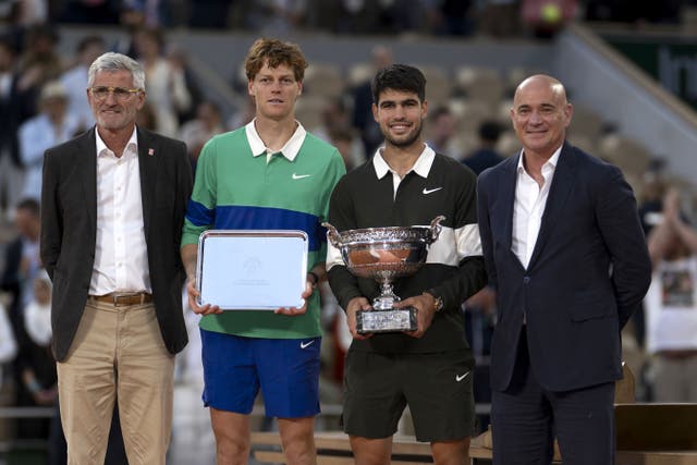 Jannik Sinner, second left, and Carlos Alcaraz, second right, contested a final for the ages at the French Open (Jon Buckle/PA)
