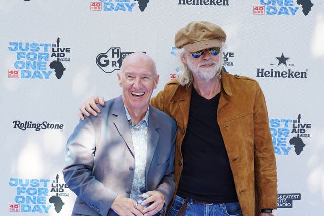 Midge Ure and Bob Geldof attend a gala performance of Just For One Day: The Live Aid Musical, celebrating the 40th anniversary of Live Aid at the Shaftesbury Theatre (Ian West/PA)