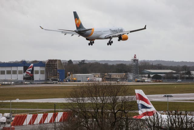 <p>File: An aircraft comes in to land as the runway is reopened at Gatwick Airport in London</p>