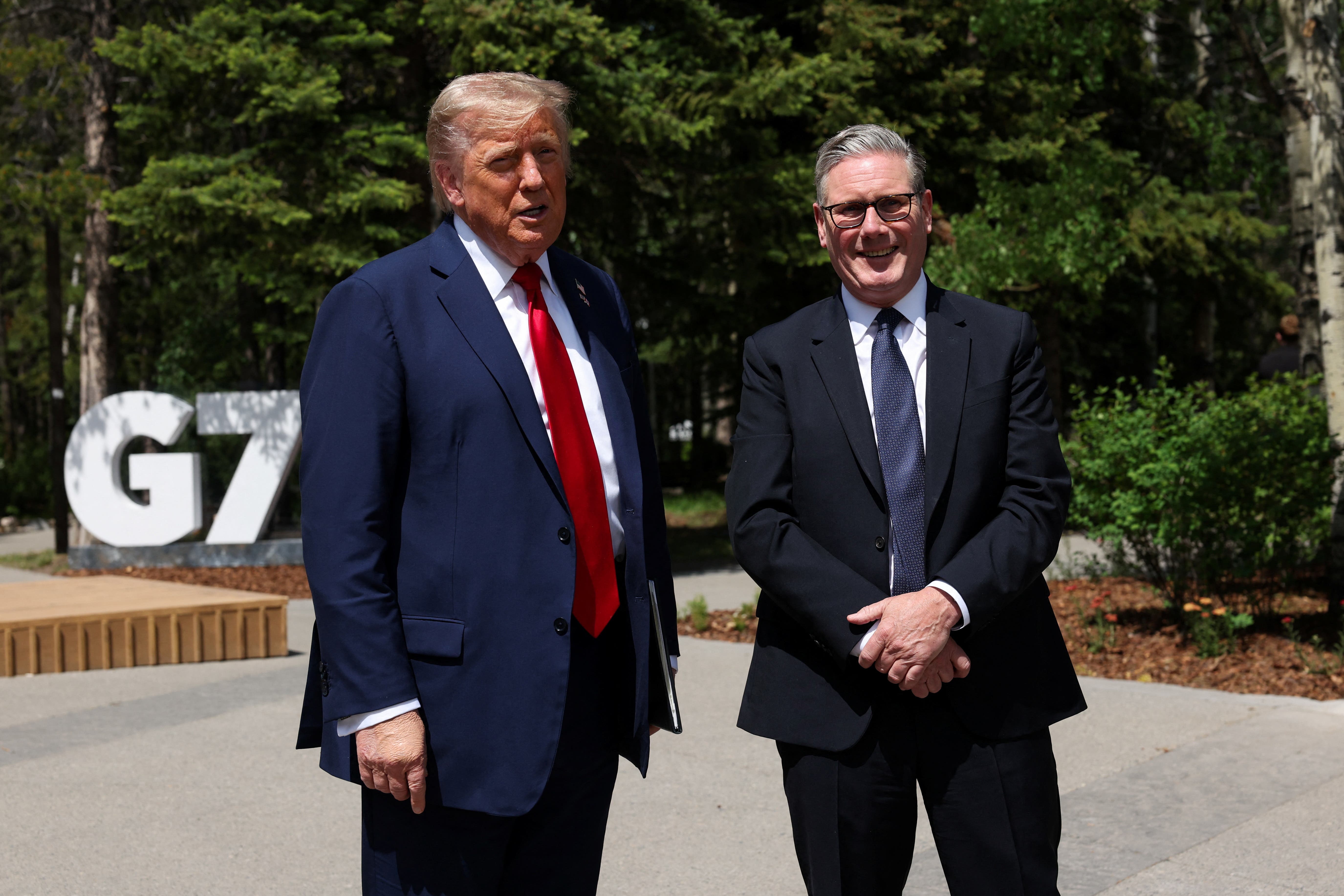 US President Donald Trump (left) and Prime Minister Sir Keir Starmer speaking to the media at the G7 summit in Kananaskis, Alberta, Canada (Suzanne Plunkett/PA)