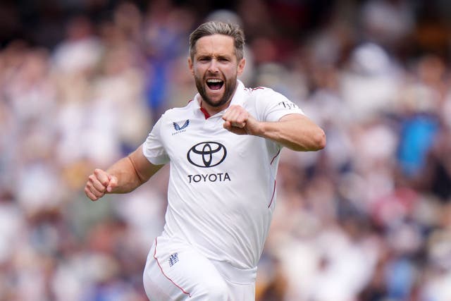 Chris Woakes celebrates taking the wicket of India’s Nitish Kumar (Bradley Collyer/PA)