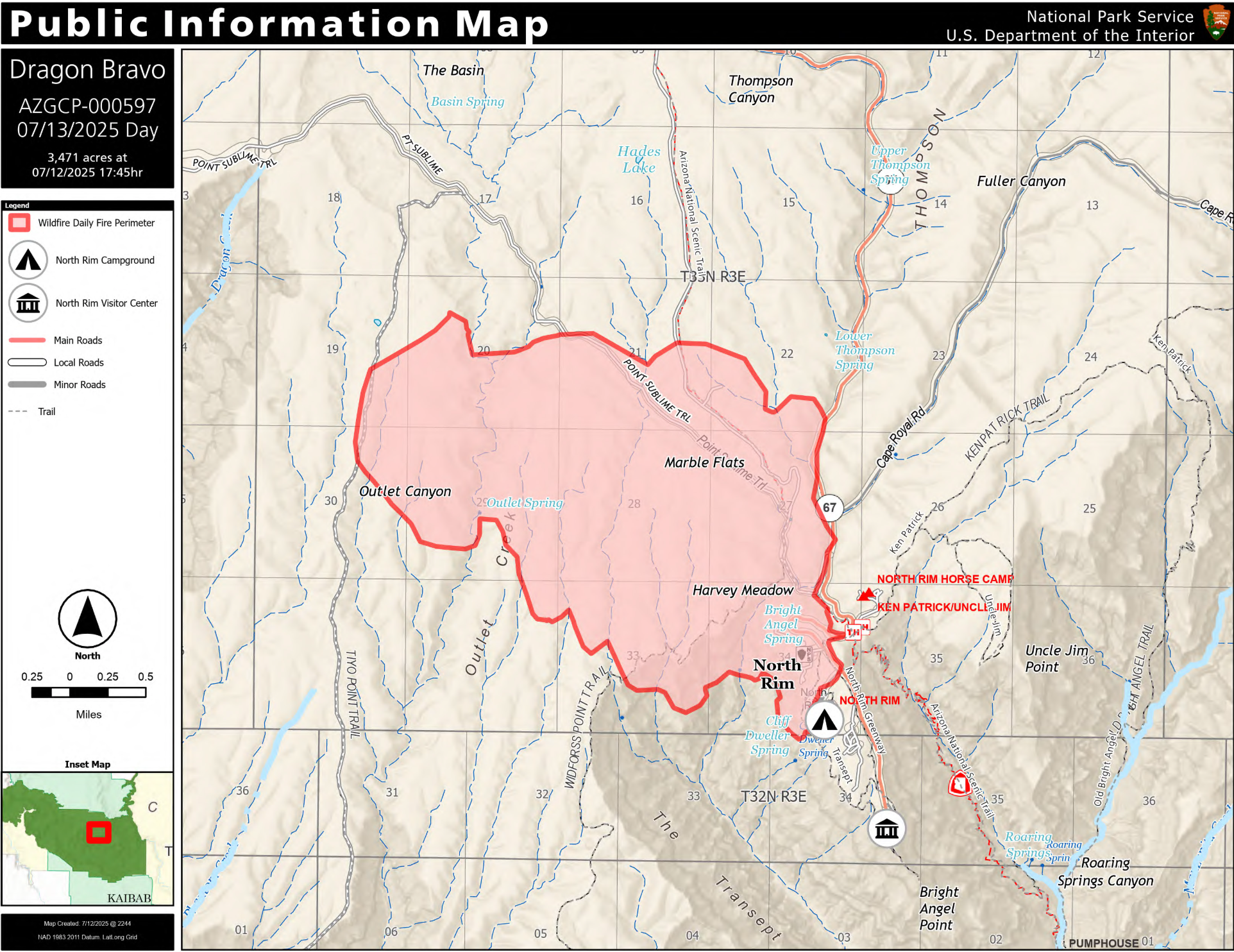 A National Parks Service map showing the expansion of the Dragon Bravo wildfire as of Sunday, July 13.