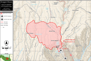 A National Parks Service map showing the expansion of the Dragon Bravo wildfire as of Sunday, July 13.