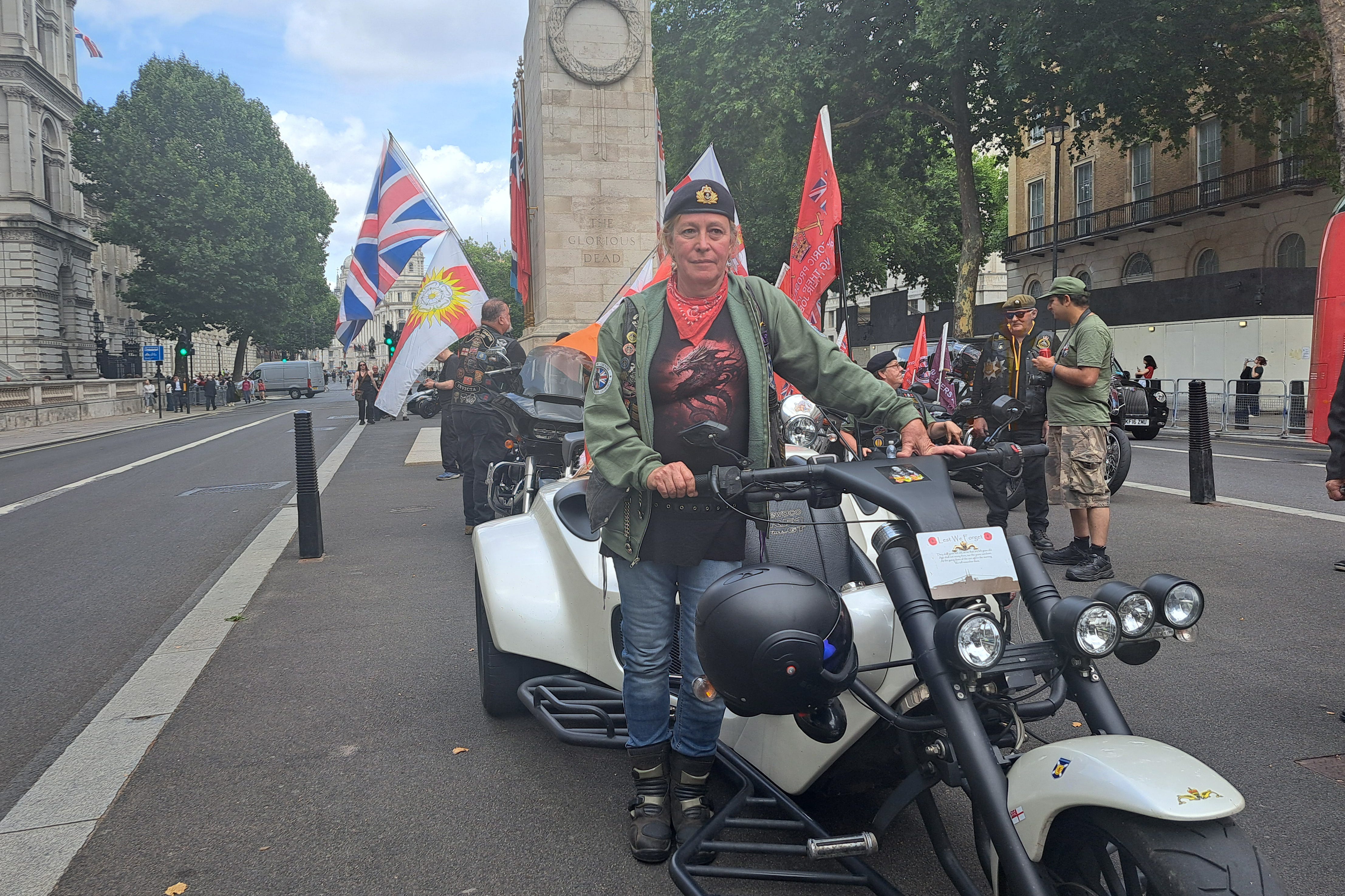 Catriona Wallace, a veteran and protester participates in a march outside Parliament to protest against the possible repeal of the Legacy Act (Lily Shanagher/PA)