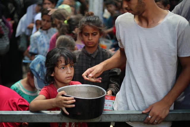 <p>A Palestinian girl queues for hot food in the Nuseirat refugee camp in Gaza on Tuesday </p>