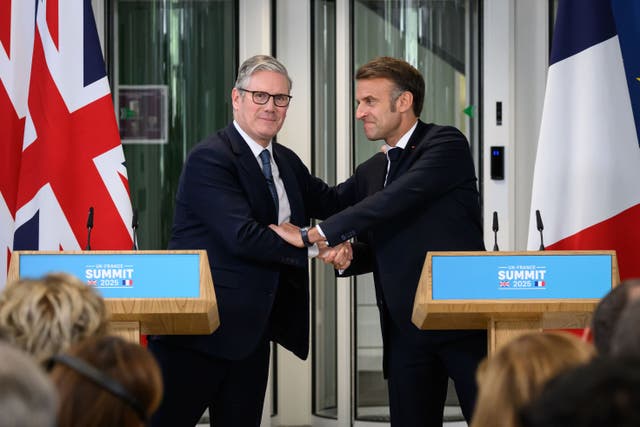 Prime Minister Sir Keir Starmer and French President Emmanuel Macron as they hold a press conference during a joint military visit to the Allied Maritime Command (Marcom) centre in Northwood, London, on day three of his state visit to the UK (PA)