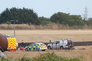 The scene at Southend Airport in Essex, where four people died when a plane crashed shortly after take off on Sunday afternoon. Picture date: Monday 14 July 2025