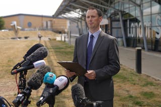 Essex Police Chief Superintendent Morgan Cronin speaking to the media outside Southend Airport in Essex, where four people died when a plane crashed shortly after take off on Sunday afternoon