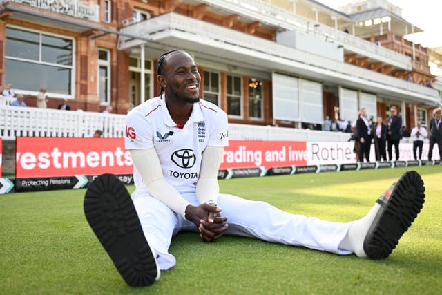 <p>Jofra Archer of England sits on the out field after winning the 3rd Rothesay Test Match between England and India</p>