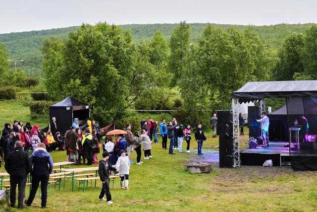 <p>Artist Talonpoika Lalli performs at the Loktafeasta rap festival in Utsjoki village, north of the Arctic circle, Finland</p>