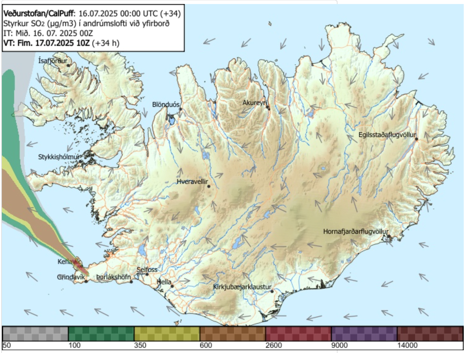 The forecast for Thursday shows wind pushing the gas cloud further west – directly over Iceland's main international airport