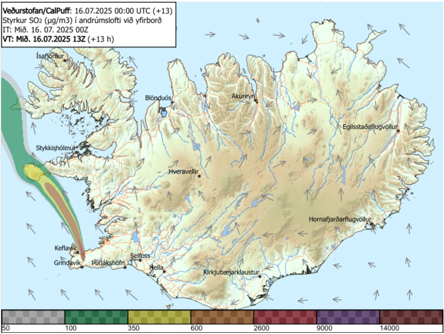 Data from the IMO showing the current path of a sulphur dioxide cloud emanating from the Sundhnúkur volcano