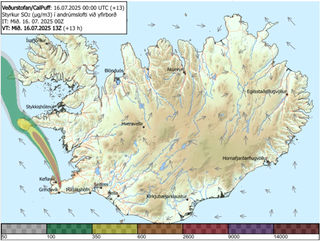 Data from the IMO showing the current path of a sulphur dioxide cloud emanating from the Sundhnúkur volcano