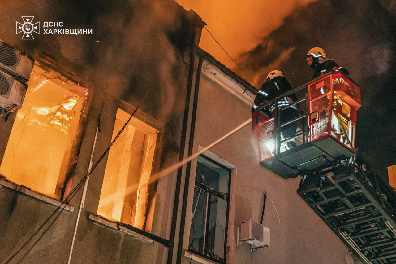 Firefighters extinguish a fire on civilian object after Russian strike in Vinnytsya region, amid Russian invasion in Ukraine
