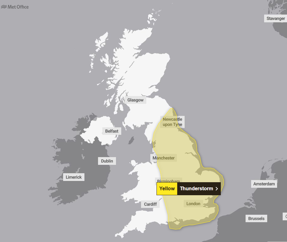 The warning covers London, the south-east, and north-east of England as well as the Midlands
