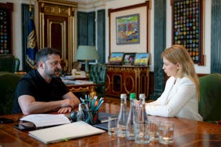 Ukraine's president Volodymyr Zelensky attends a meeting with Ukraine's deputy prime minister for European and Euro-Atlantic integration Olha Stefanishyna in Kyiv