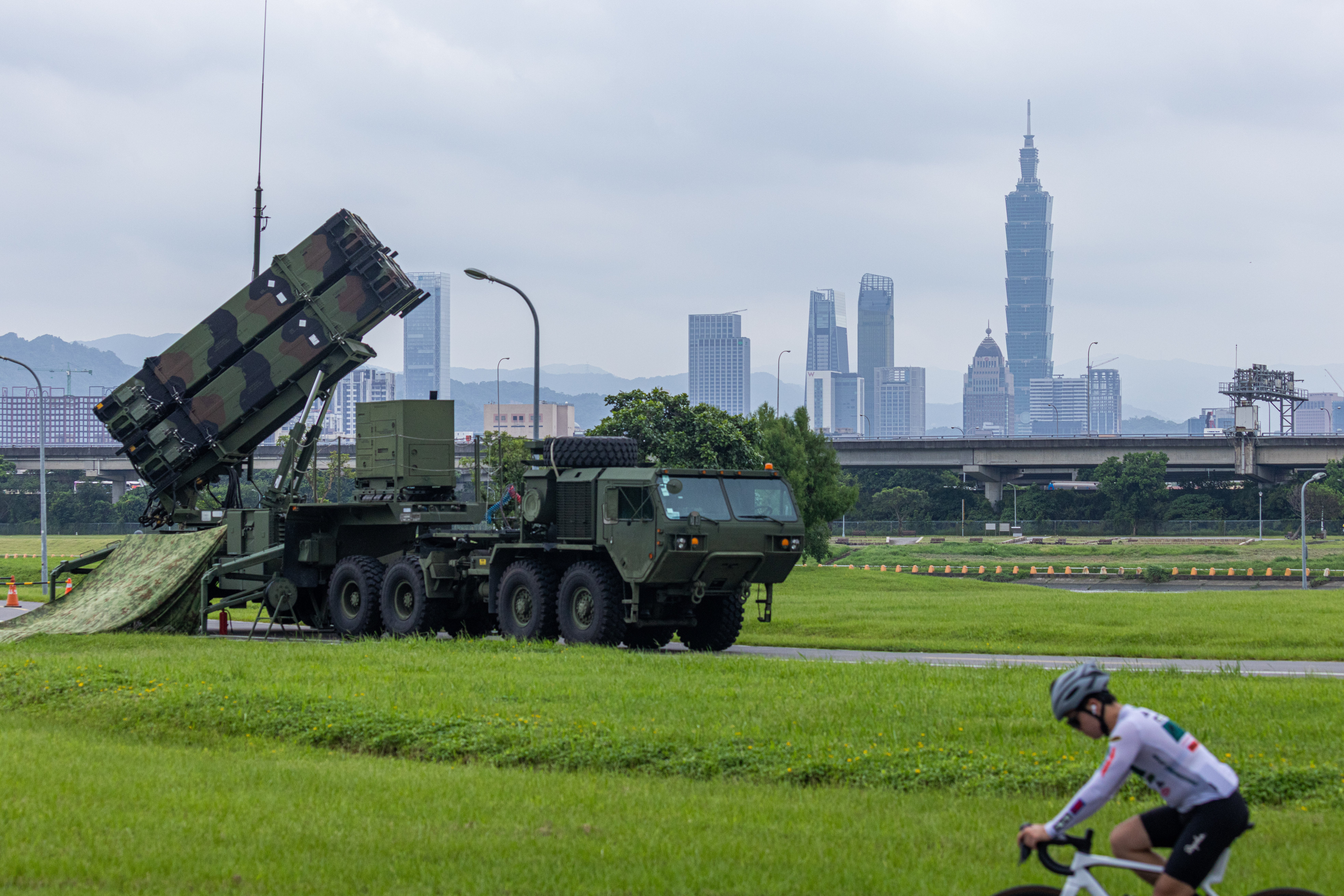 Taiwan's Patriot air defence system is deployed at a park during the Han Kuang drill in Taipei