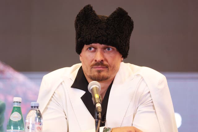 <p>Usyk at the final press conference for his rematch with Dubois</p>