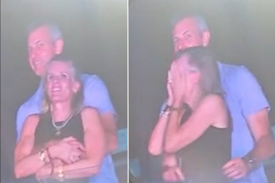 Kristin Cabot and former Astronomer CEO Andy Byron are shown on a Jumbotron during a Coldplay concert in July 2025 (@calebu2/TMX)