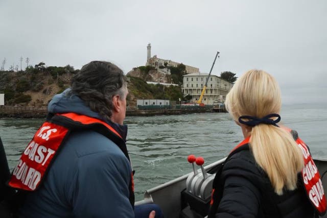 <p>Doug Burgum and Pam Bondi shared this photo of themselves on their way to Alcatraz Island on Thursday. </p>