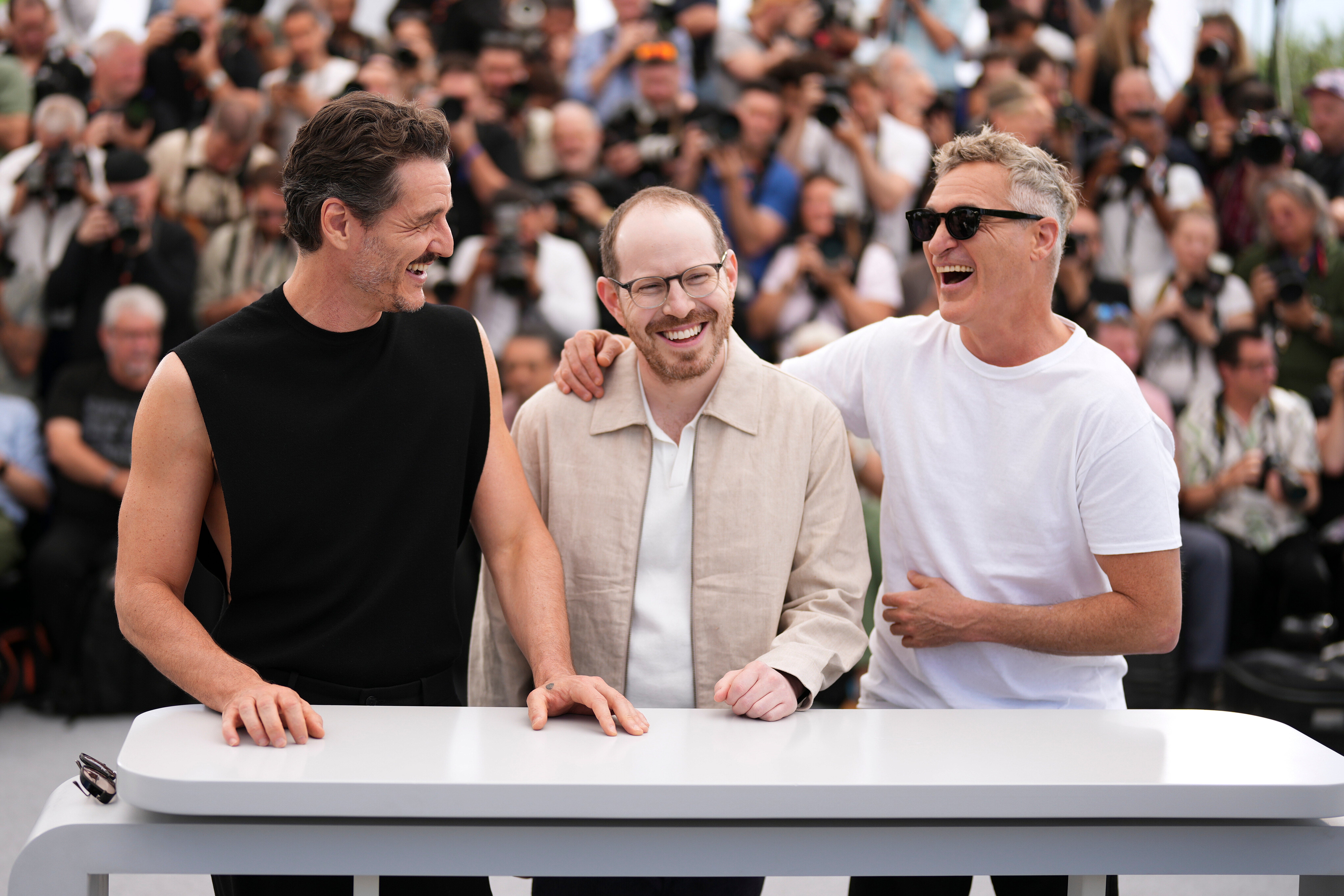 Pedro Pascal, left, director Ari Aster and Joaquin Phoenix, right, at the photo call for 'Eddington' at the 78th international film festival in Cannes