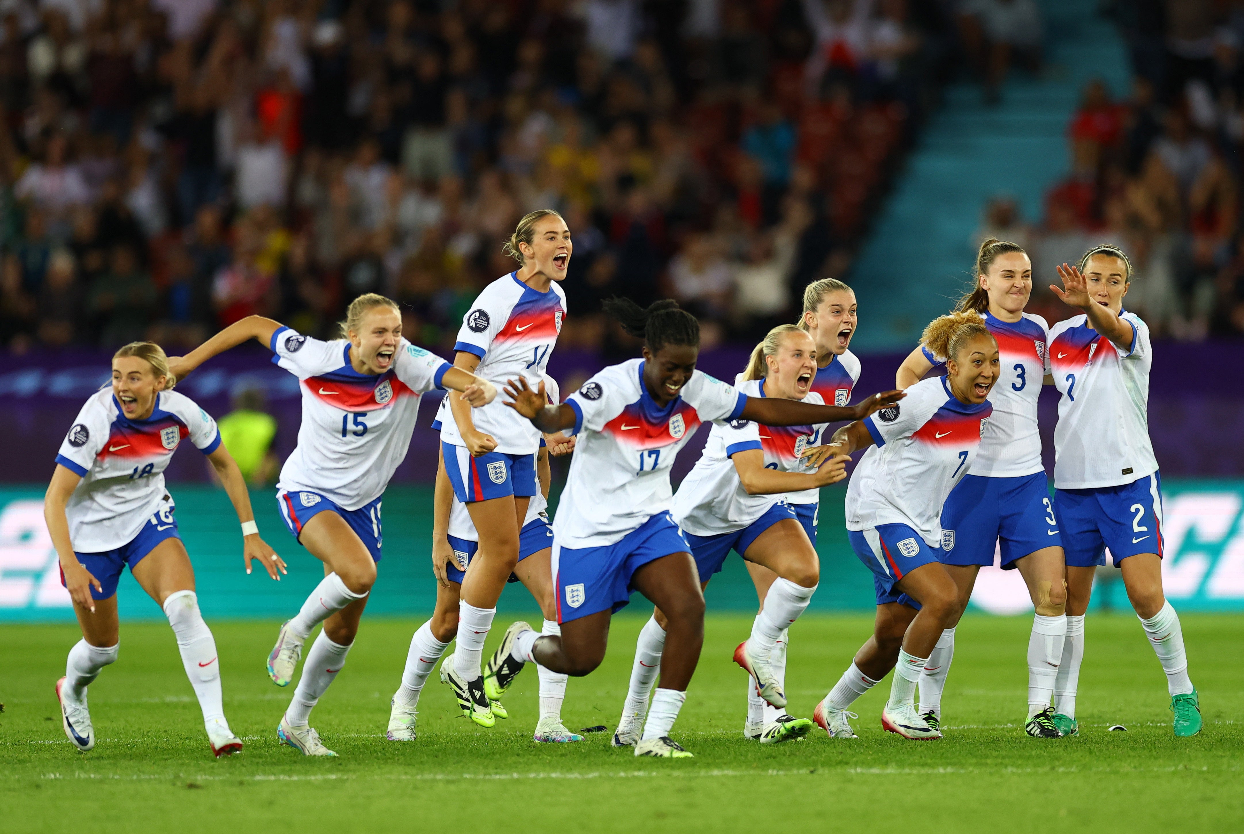 The Lionesses celebrate as England beat Sweden to stay alive at Euro 2025