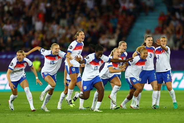 <p>England’s penalty takers celebrate as they beat Sweden to stay alive at Euro 2025</p>