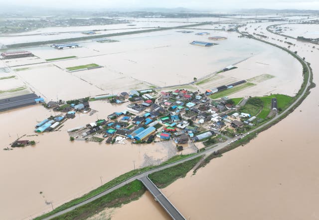 <p>An aerial view of flooding caused by torrential rain in Yesan, South Korea</p>
