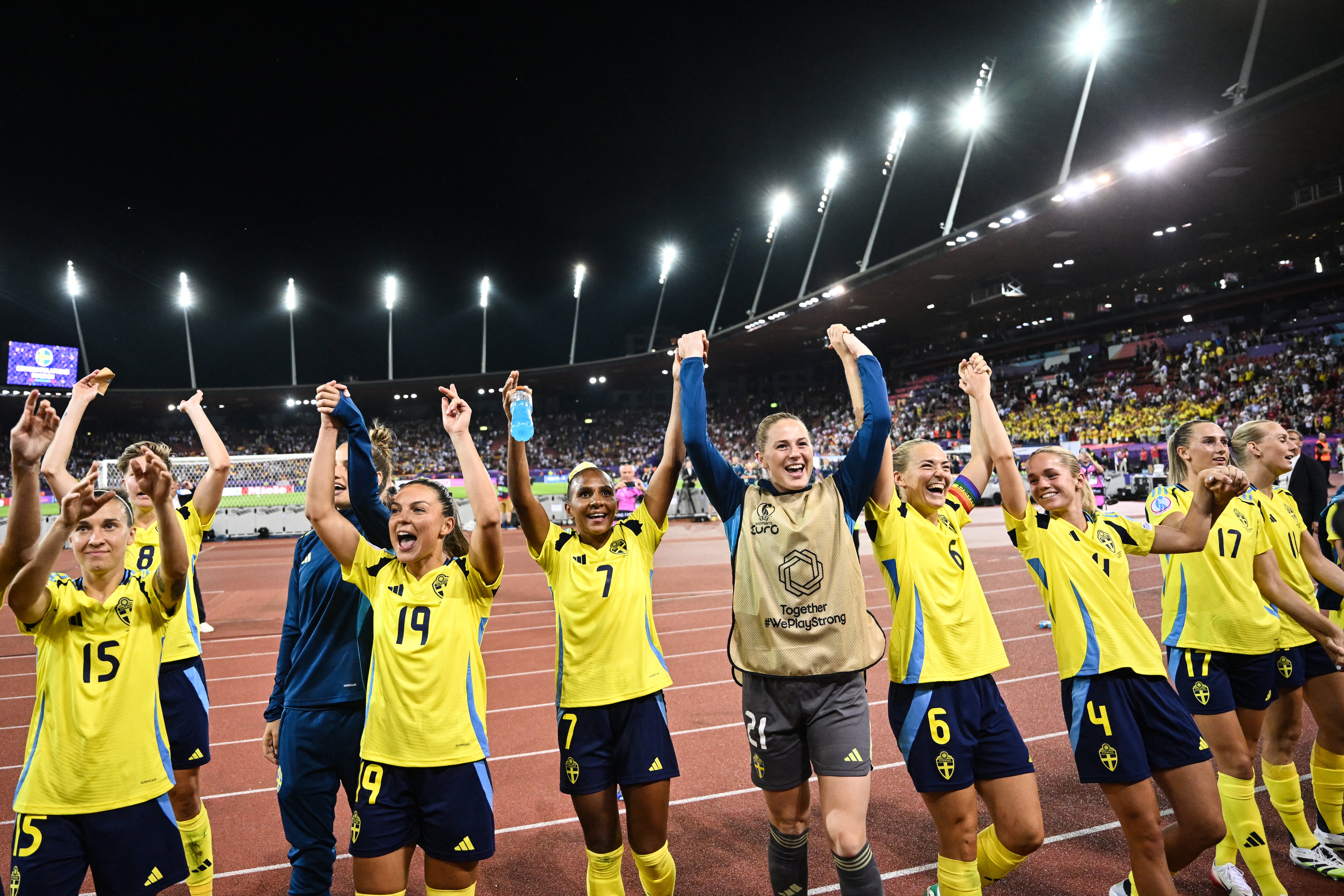 <p>Sweden celebrate after beating Germany at Letzigrund Stadium in Zurich</p>