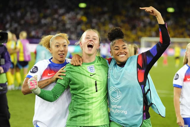 Hannah Hampton (centre) says England are heading in the right direction (Nick Potts/PA)