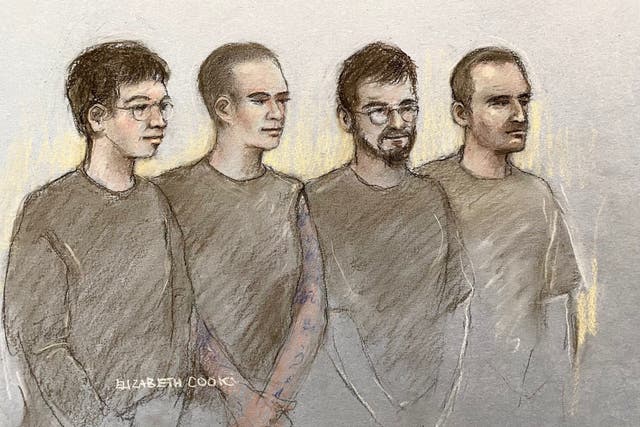 <p>Court artist drawing of (left to right) Jony Cink, 24, Amy Gardiner-Gibson, 29, Lewie Chiaramello and Daniel Jeronymides-Norie, 35, at a previous hearing </p>