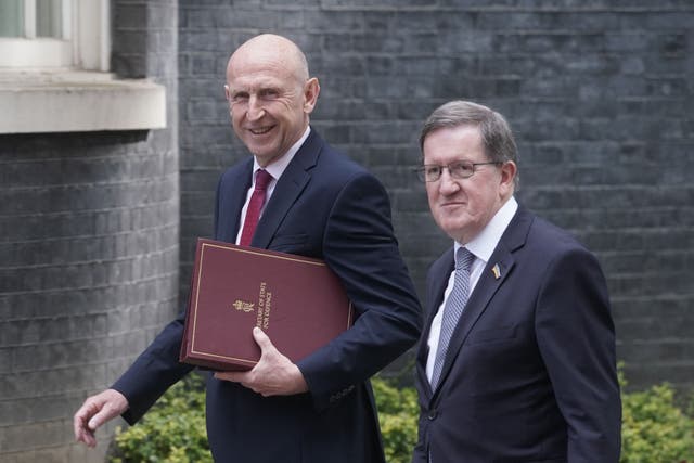 <p>Former Nato chief Lord Robertson of Port Ellen with Defence Secretary John Healey (Jeff Moore/PA)</p>