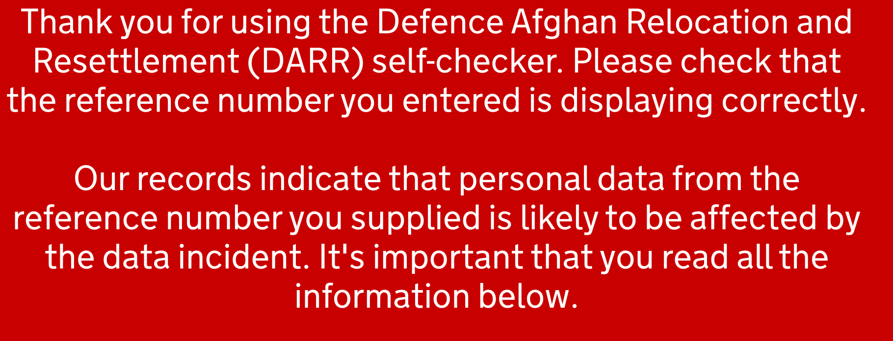 The Afghans affected by the data breech receive a red warning message when they put in their reference numbers in the checking system of the mode