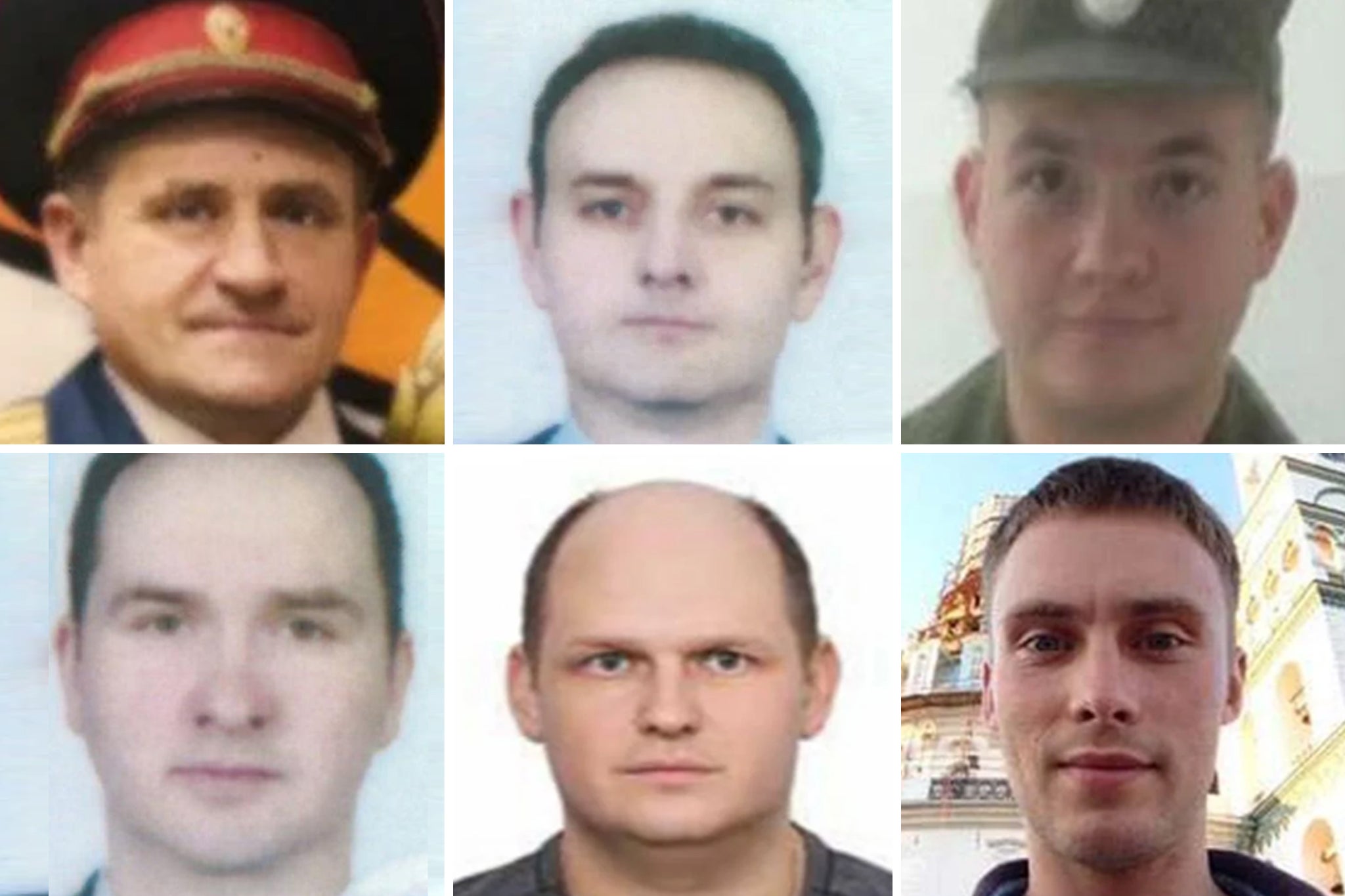 Members of the spy agency GRU to have been sanctioned include (clockwise, from top left) Aleksandr Osadchuk, Evgeny Serebriakov, Artem Adreyevich Malyshev, Anatoliy Kovalev, Yuriy Federovich Denisov, and Aleksey Sergeyevich Morenets