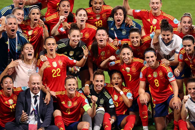 <p>Players and staff of Spain celebrate their first Euros semi-final since 1997 </p>