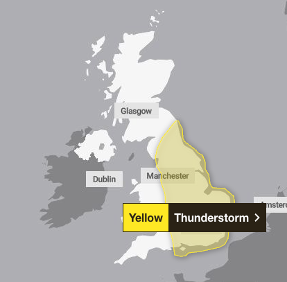 On Friday, two yellow warnings have been given for thunderstorms. The biggest one night will be at 9 pm and will be till 6 pm on Saturday.