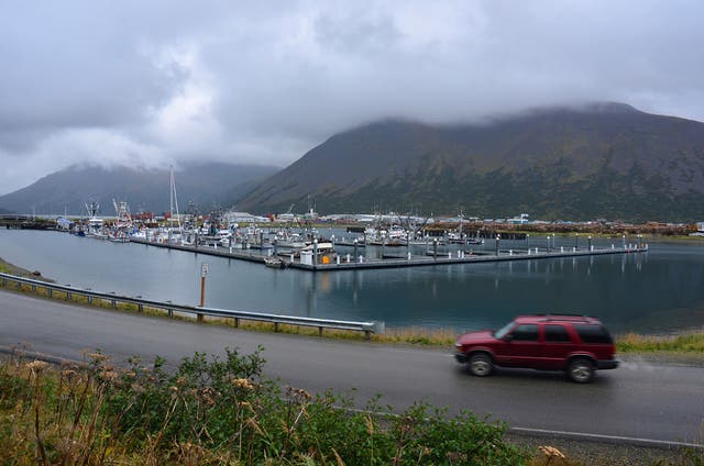 <p>A driver passes the small boat harbor in King Cove, Alaska where a tsunami warning was in place after a 7.3 earthquake</p>